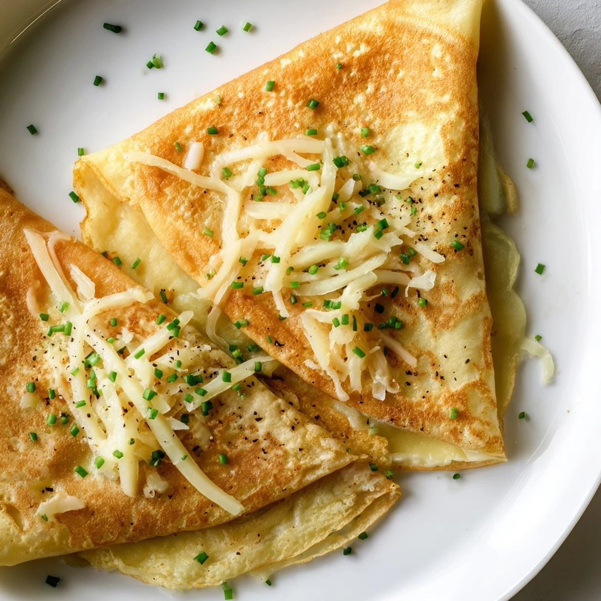 Savory Crepe with Cheese presented with a side salad and fresh chives, perfect for an easy French-inspired brunch.