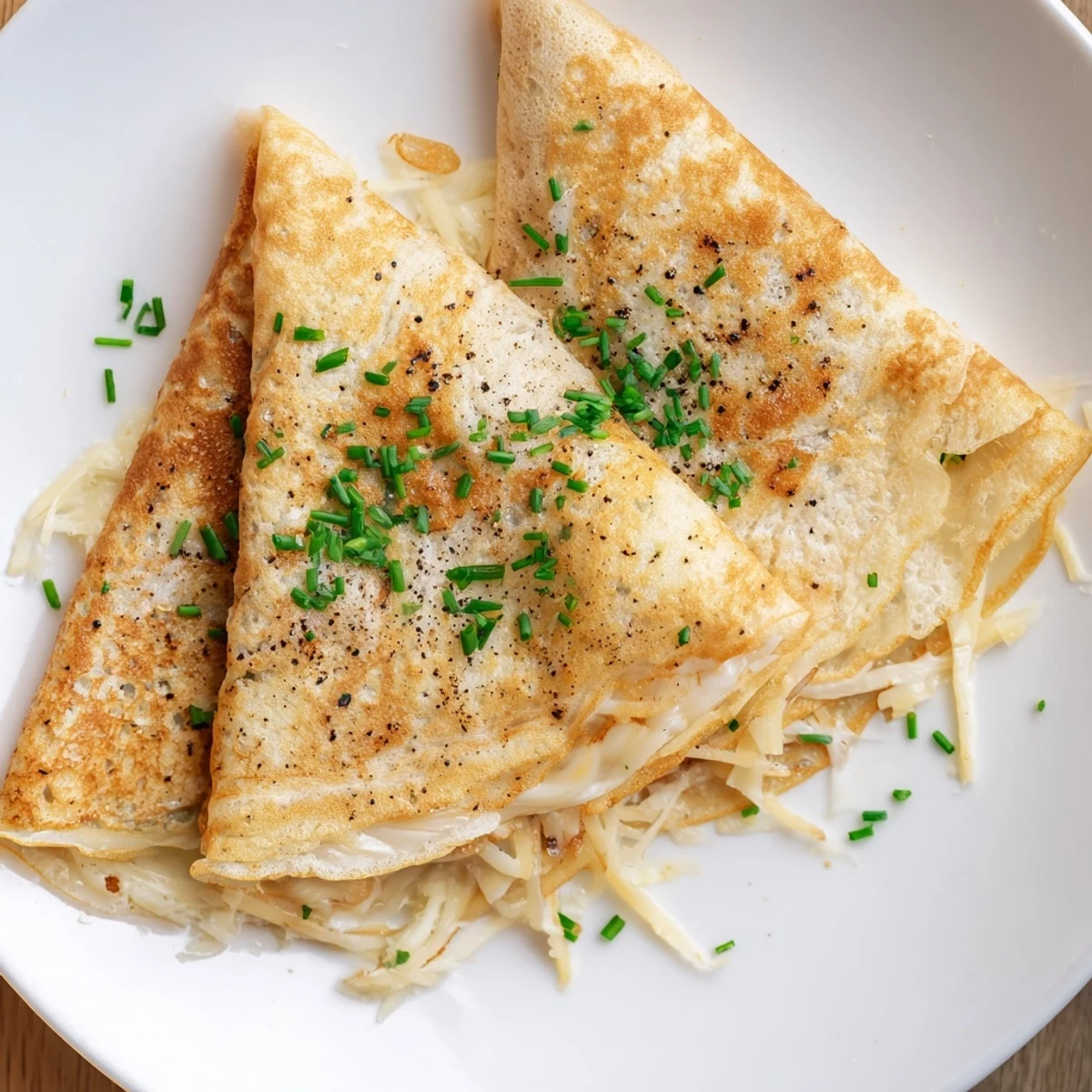 Steam rising from a freshly made Savory Crepe with Cheese, featuring a crispy edge and gooey cheese center.