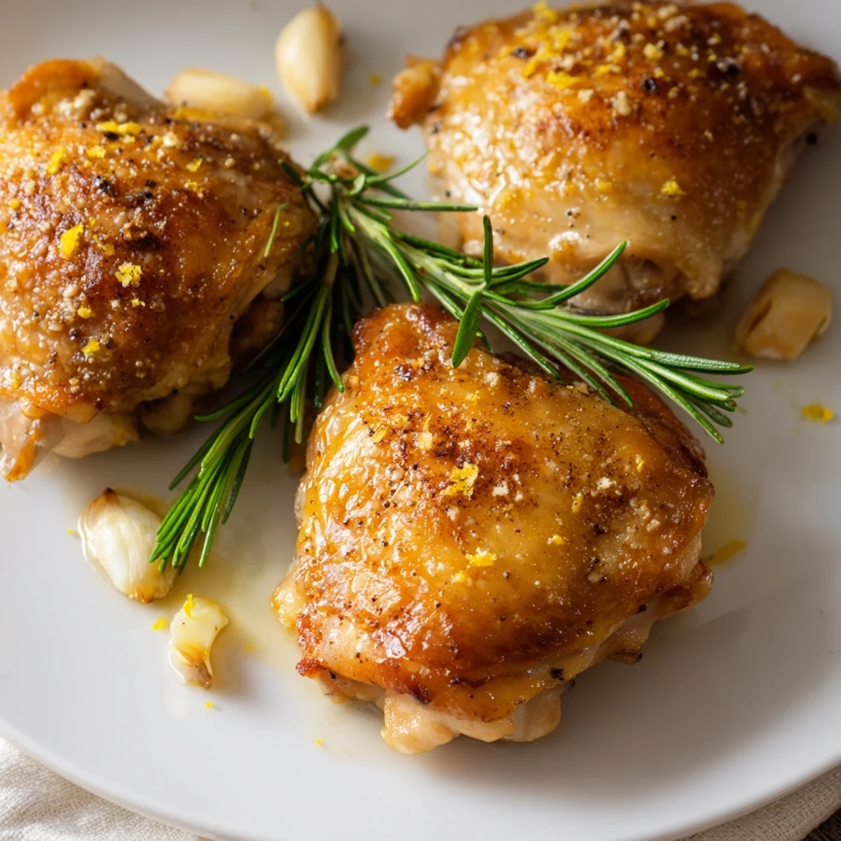 Crispy Skin Chicken Thighs with Rosemary fresh from the oven with crackling golden skin.
