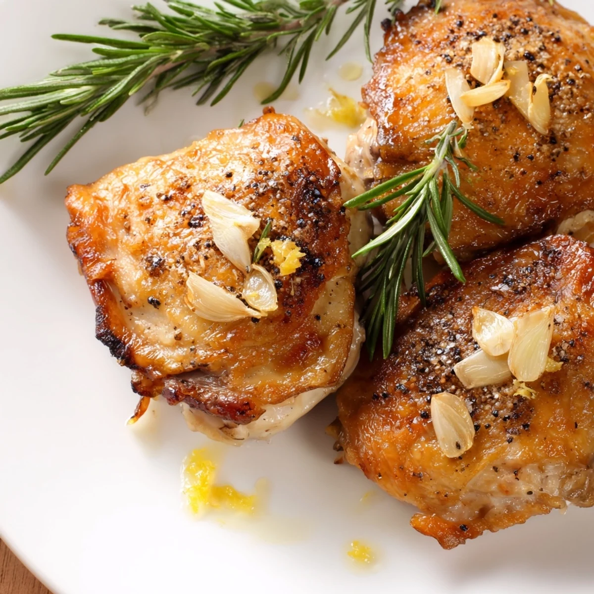 Golden Crispy Skin Chicken Thighs with Rosemary garnished with rosemary sprigs on a skillet.