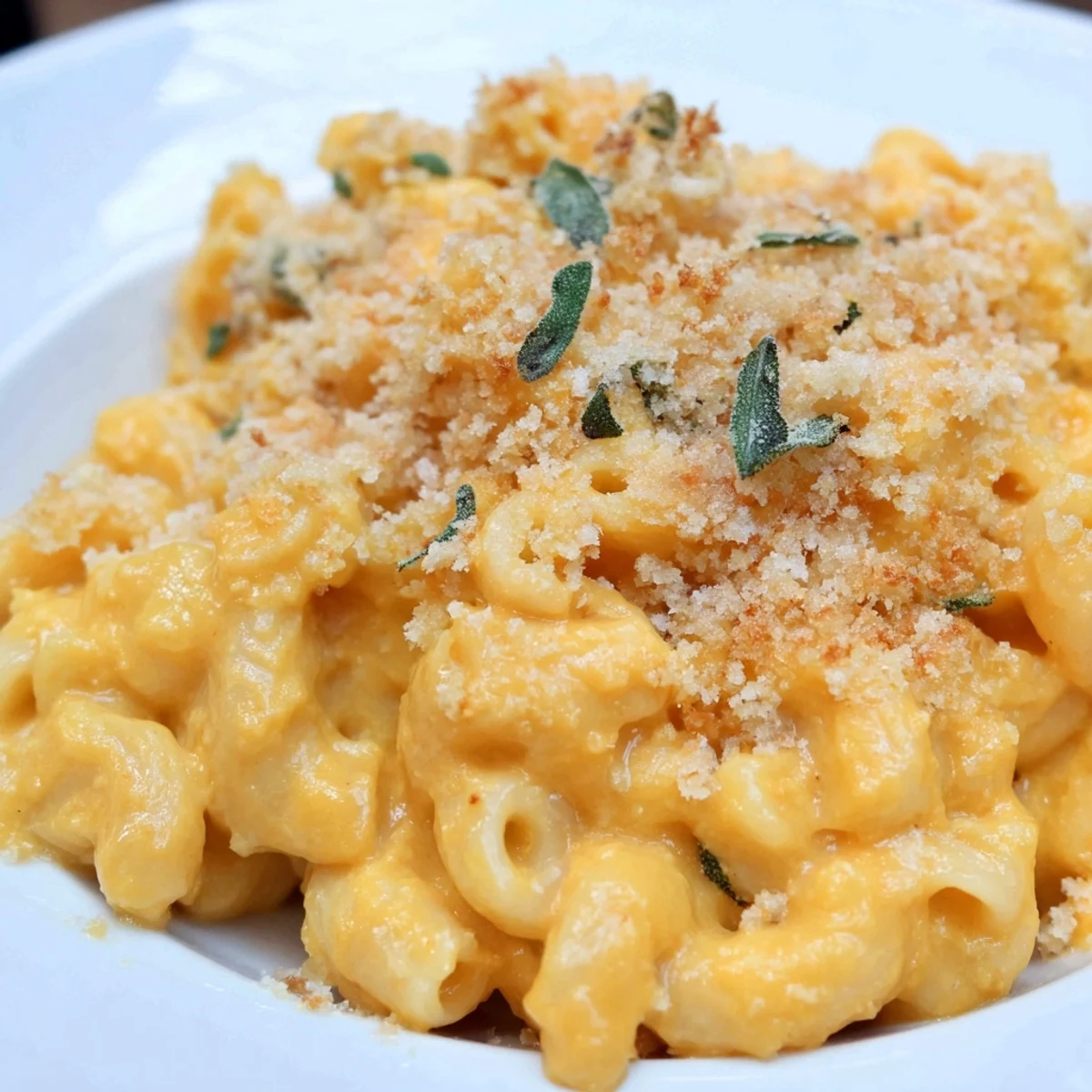 Golden brown panko-topped Butternut Squash Mac and Cheese with Sage in a rustic baking dish, ready to serve.