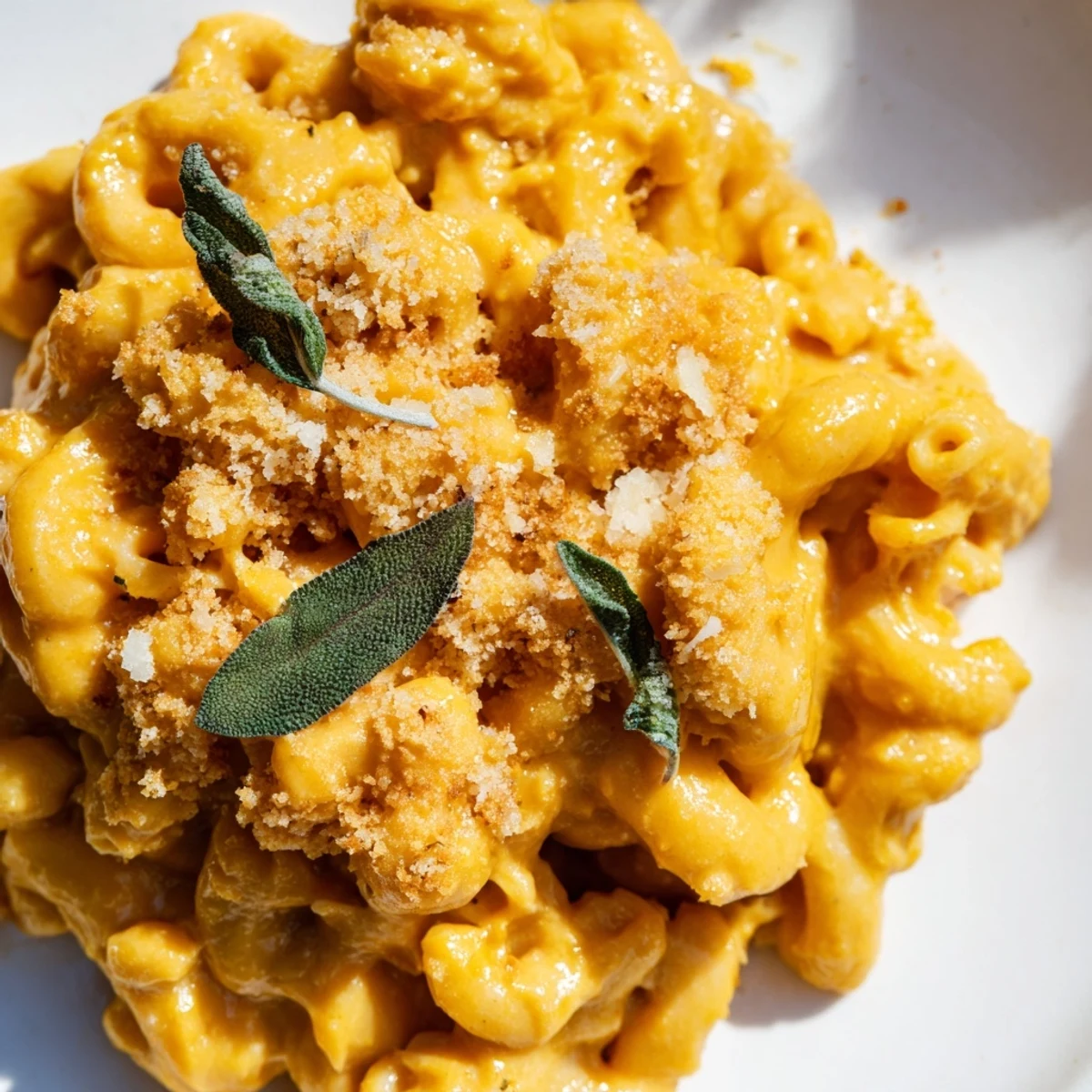 Creamy Butternut Squash Mac and Cheese with Sage in a white bowl, garnished with fresh herbs.