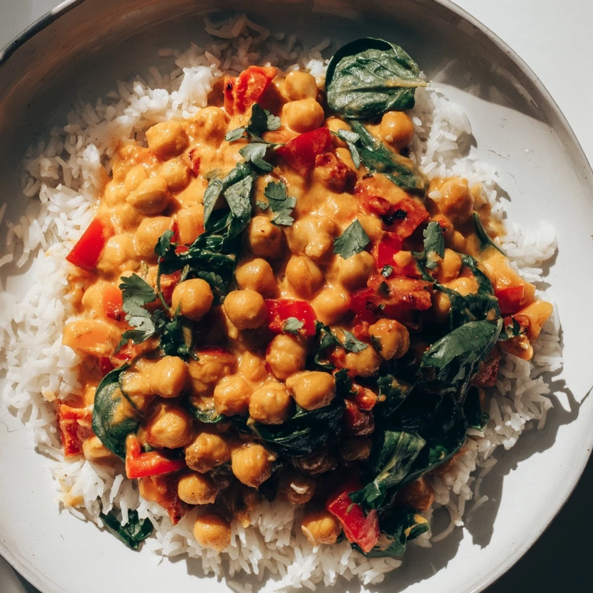 Vegan Chickpea Curry with Coconut Milk simmering in a pot, featuring tender chickpeas and vibrant spinach in a creamy sauce.