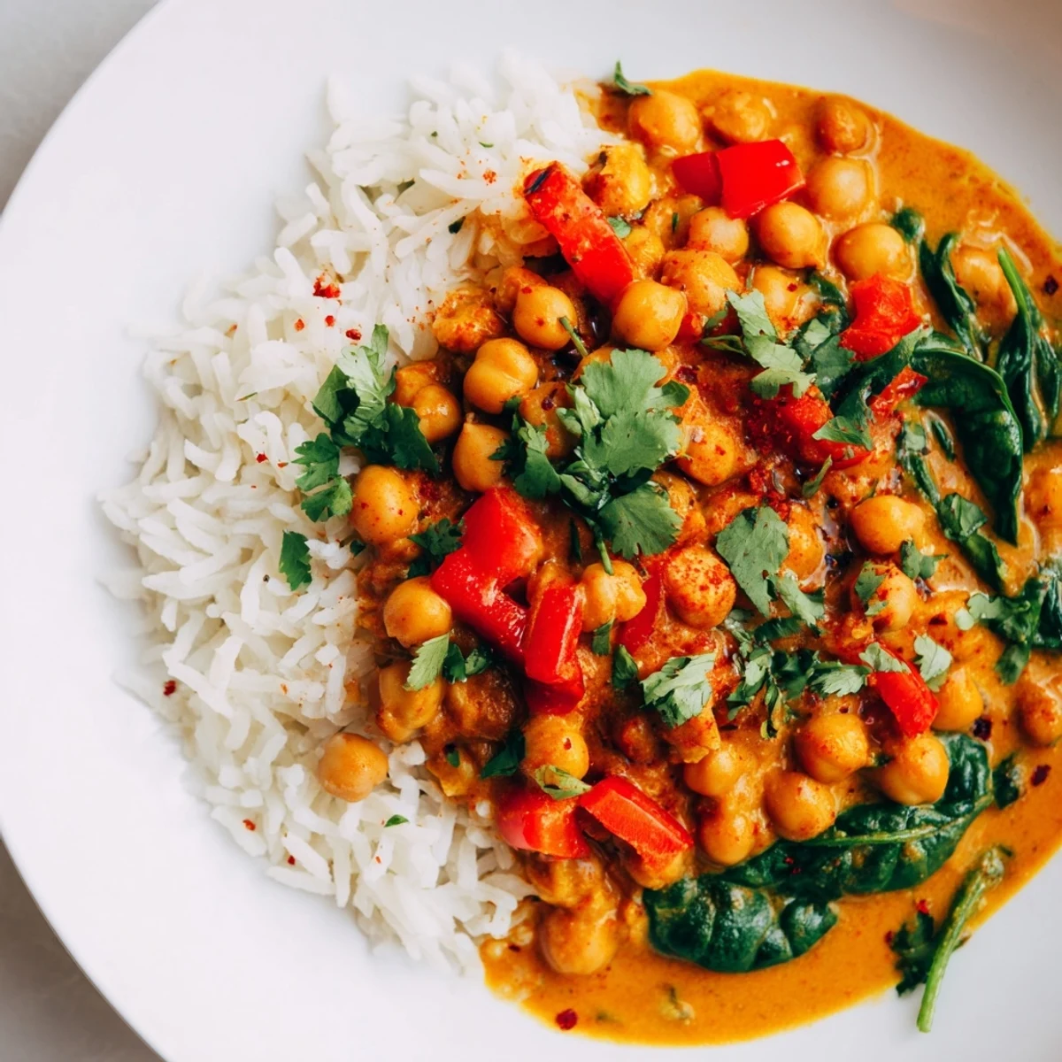 Spoonful of Vegan Chickpea Curry with Coconut lifted from a bowl, revealing rich, aromatic spices and coconut milk sauce.