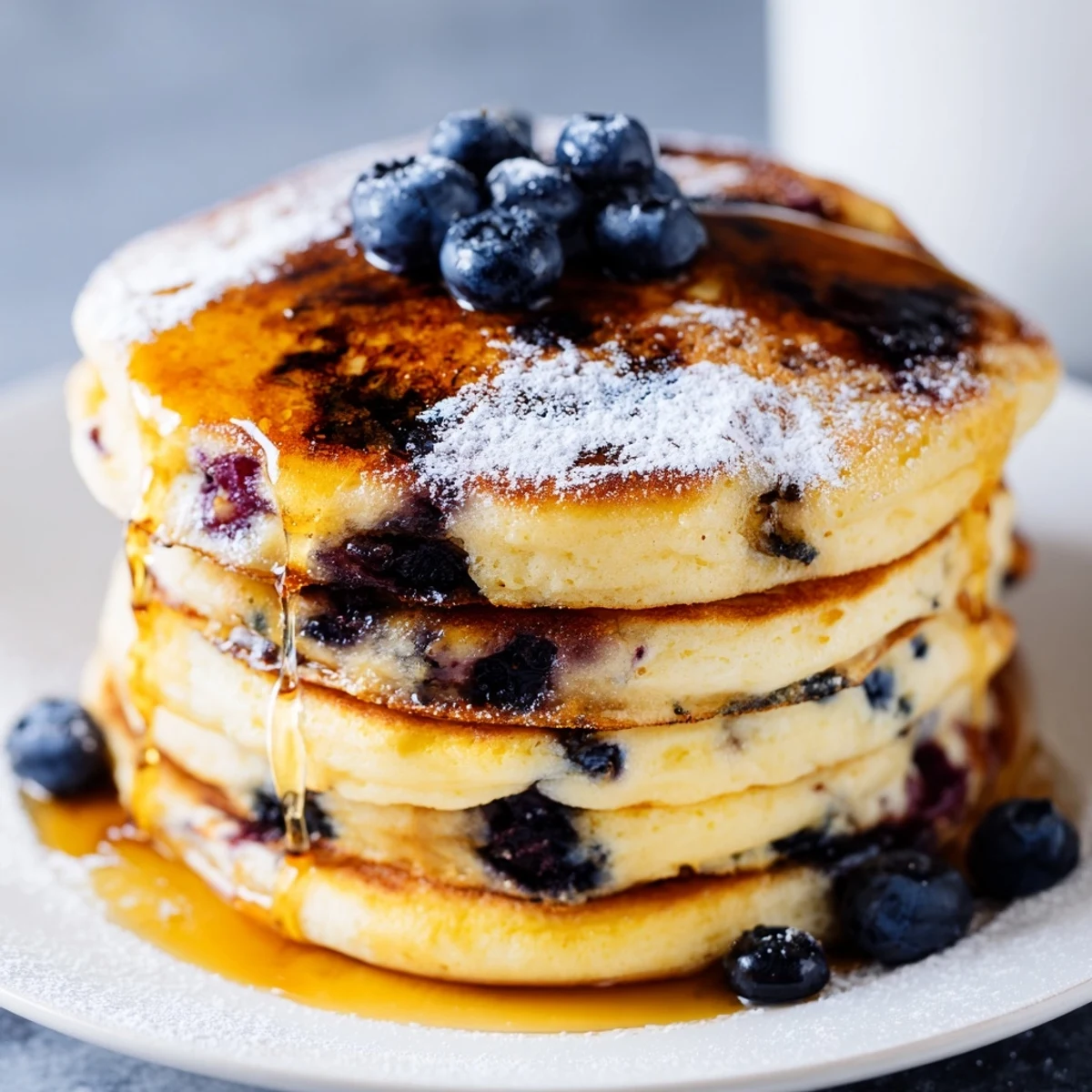 Golden-brown Lemon Blueberry Ricotta Pancakes stacked high, with melting butter and fresh blueberries on top.