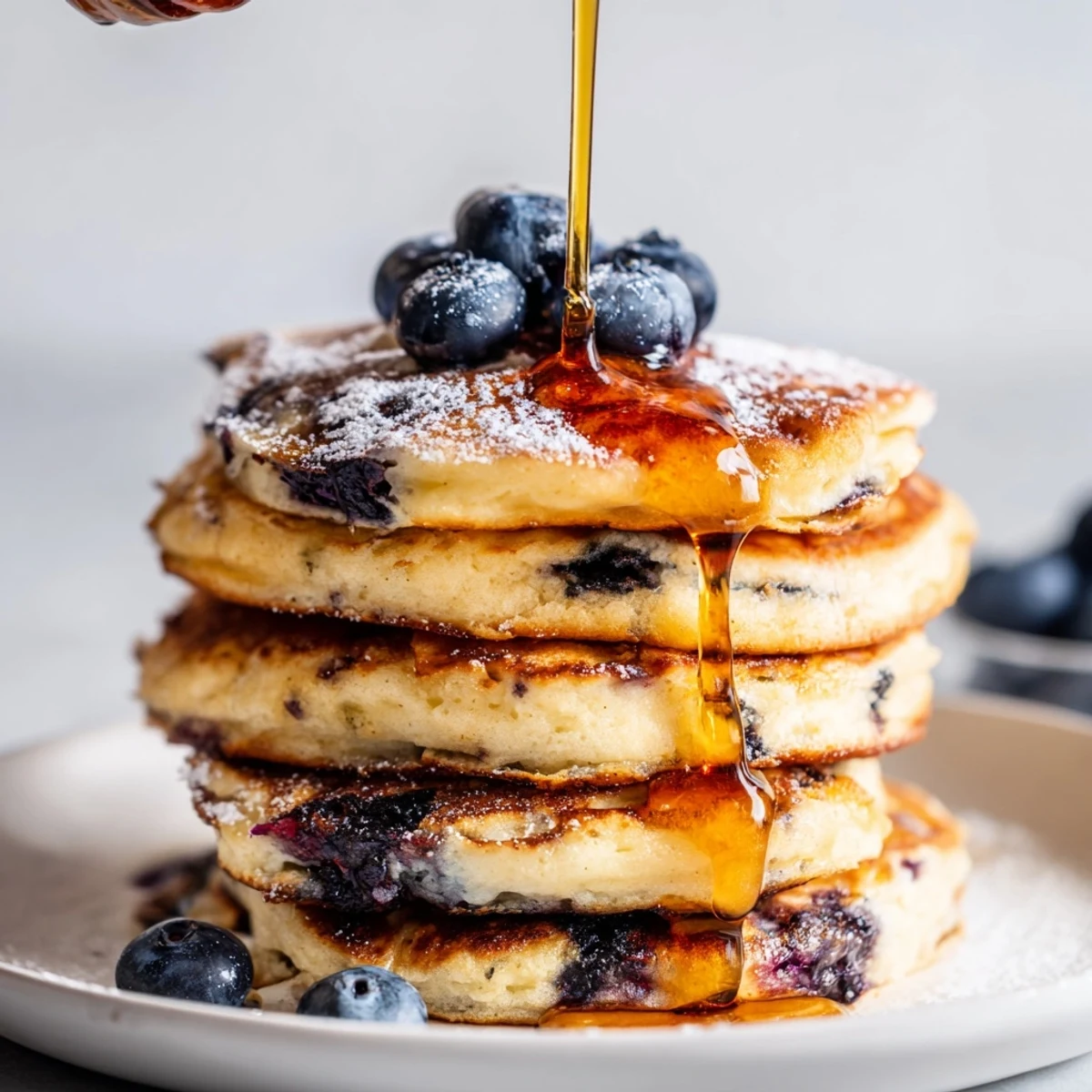 A plate of fluffy Lemon Blueberry Ricotta Pancakes drizzled with maple syrup and lemon zest.