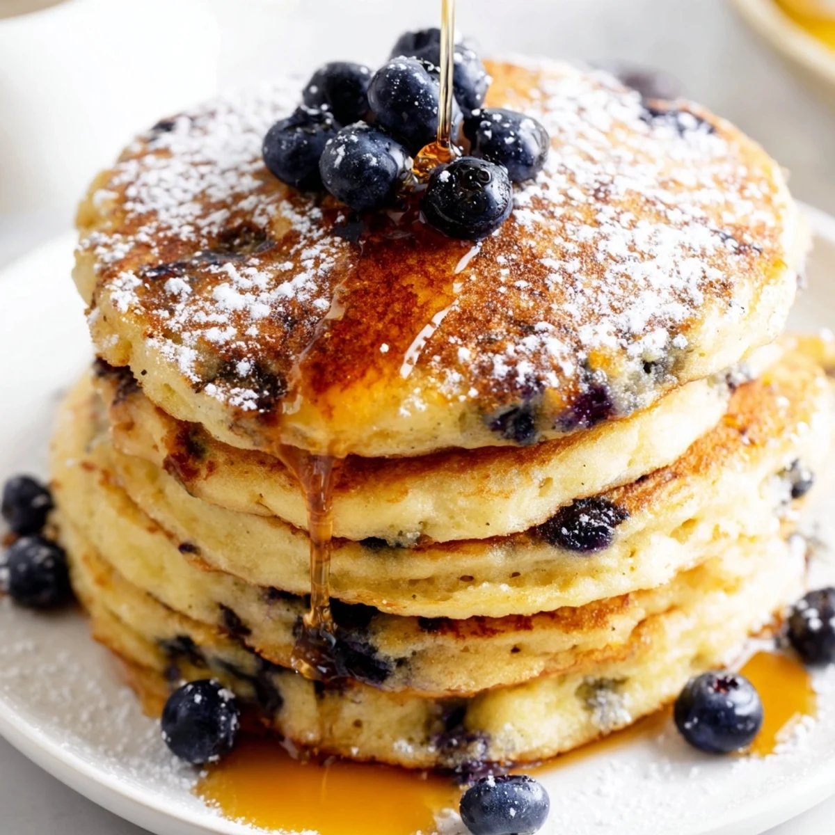 Lemon Blueberry Ricotta Pancakes served warm with extra blueberries and a dusting of powdered sugar.
