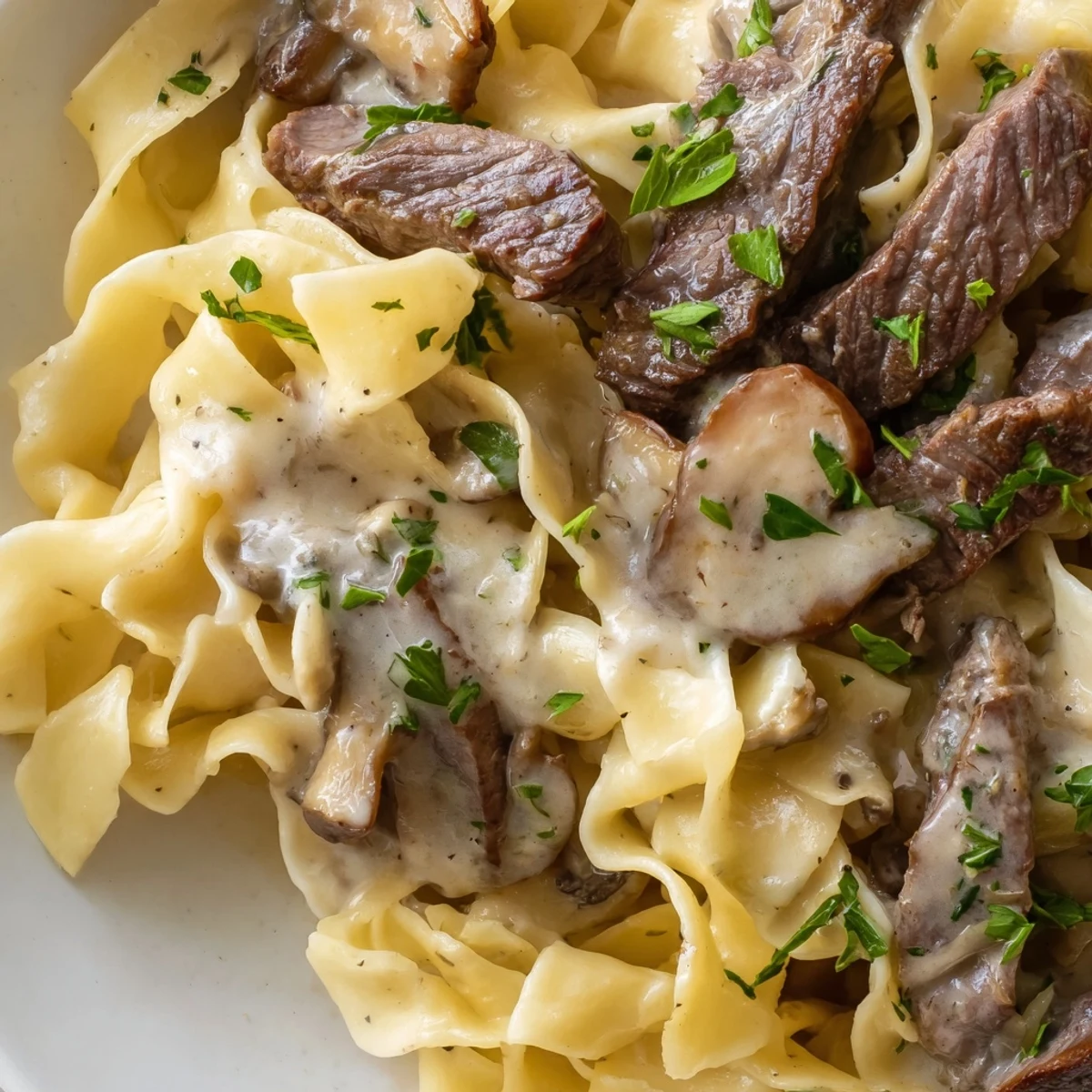 Tender beef strips and mushrooms simmered in a creamy, savory sauce, served over egg noodles in a rustic bowl.