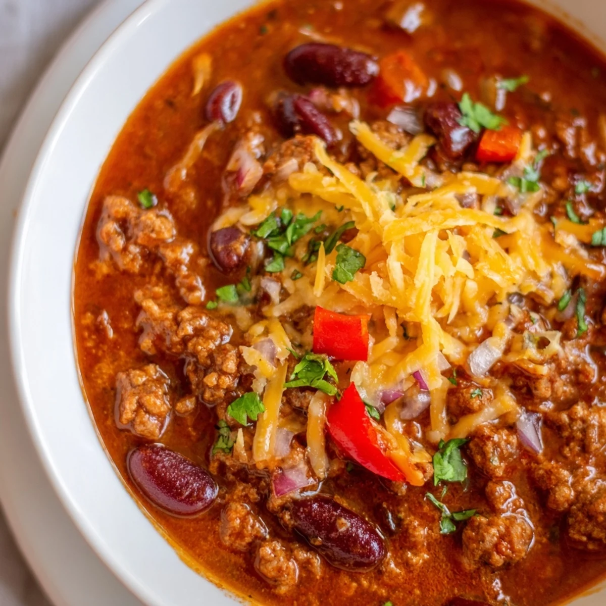 Steaming Turkey Chili with Kidney Beans and Cheddar is ladled into rustic bowls, garnished with cilantro.
