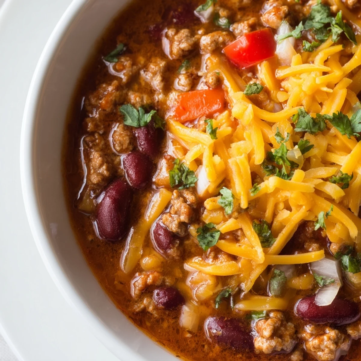 Hearty Turkey Chili with Kidney Beans and Cheddar topped with sharp cheddar and fresh cilantro in a bowl.