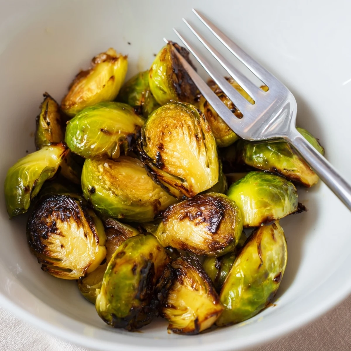 Roasted Brussels Sprouts with Balsamic Glaze tossed in a shiny glaze, garnished with fresh herbs and paired with roasted chicken.