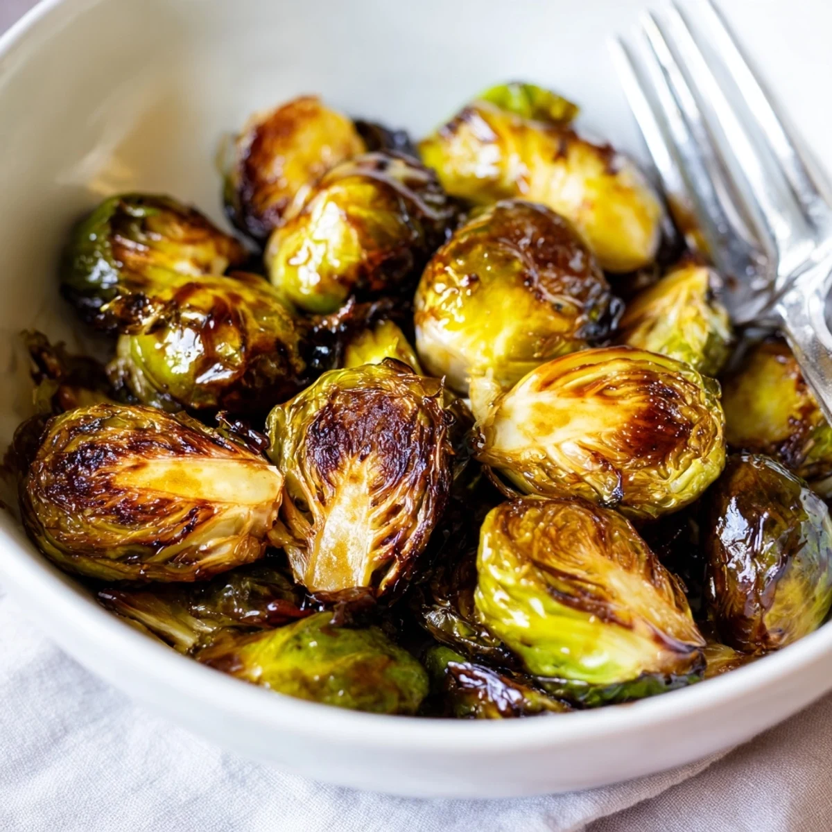 Tender Roasted Brussels Sprouts with Balsamic Glaze glistening in caramelized glaze, ready to serve as a savory vegetarian side dish.