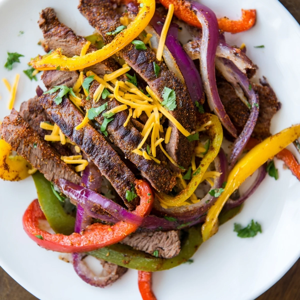 Golden-brown steak strips, roasted peppers, and onions for Sheet Pan Steak Fajitas sizzling on a sheet pan, ready for warm tortillas.