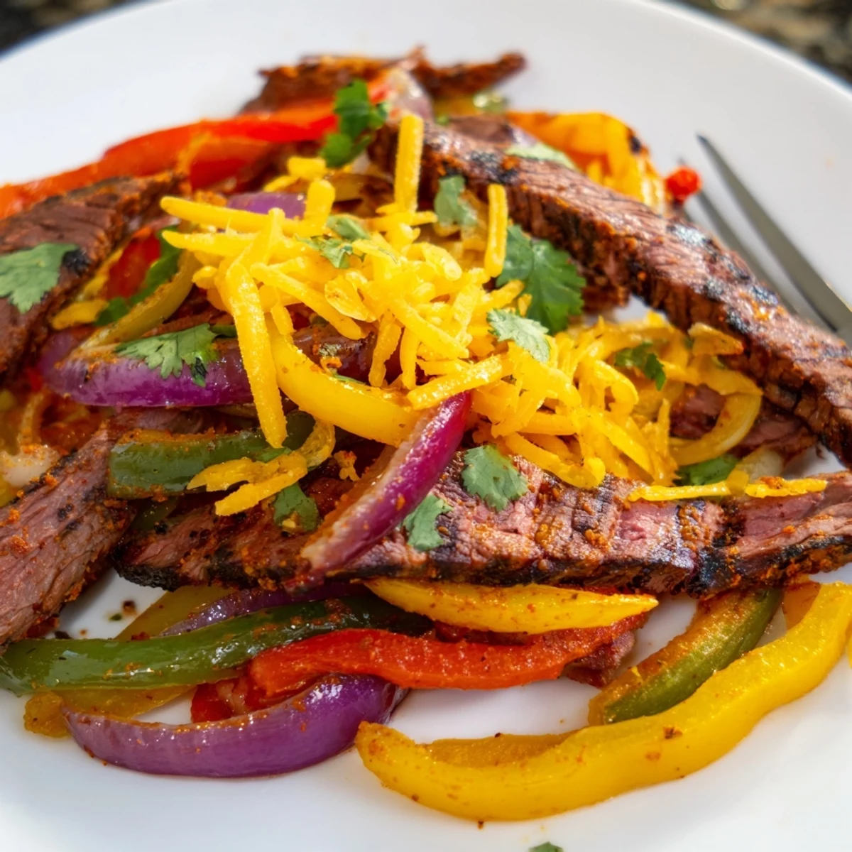 Juicy Sheet Pan Steak Fajitas topped with fresh cilantro and lime wedges, served alongside warm corn tortillas for a gluten-free meal.