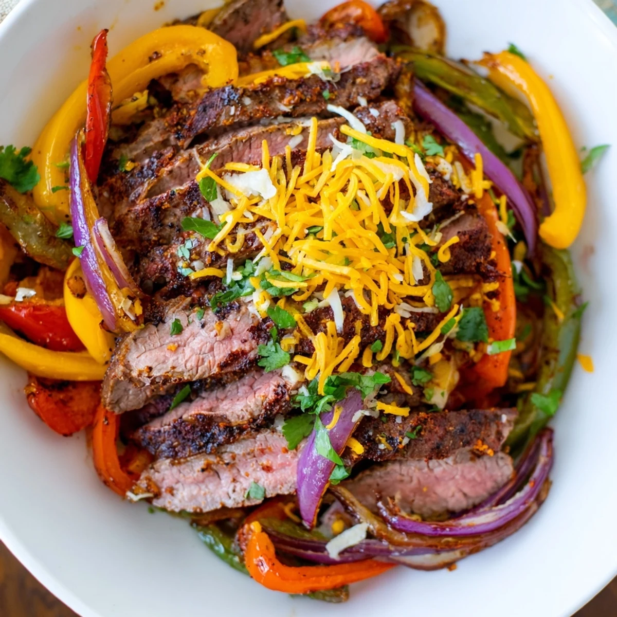 Roasted red, yellow, and green bell peppers and onions accompany tender marinated steak for easy Sheet Pan Steak Fajitas on a baking sheet.