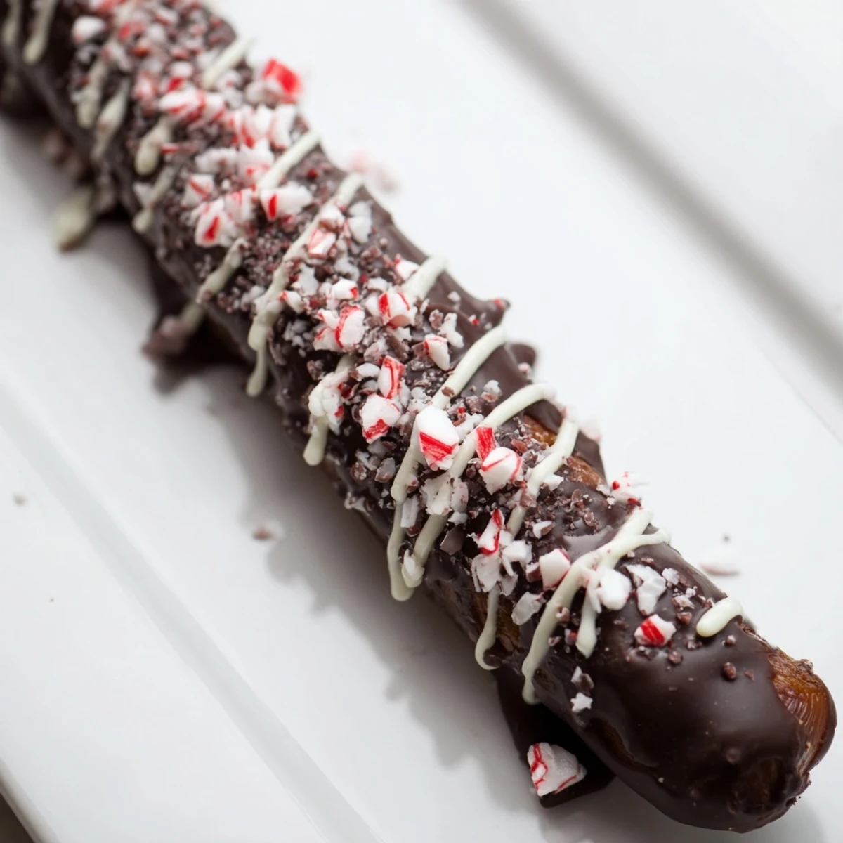 Dark Chocolate Peppermint Bark Pretzels rest on parchment, displaying glossy dark chocolate coating and crunchy red peppermint candy bits for a festive sweet and salty snack.