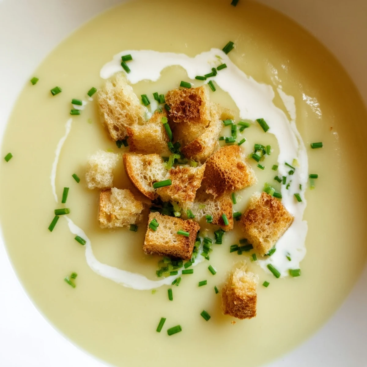 Creamy Potato Leek Soup with Garlic Croutons served steaming hot in a rustic bowl.