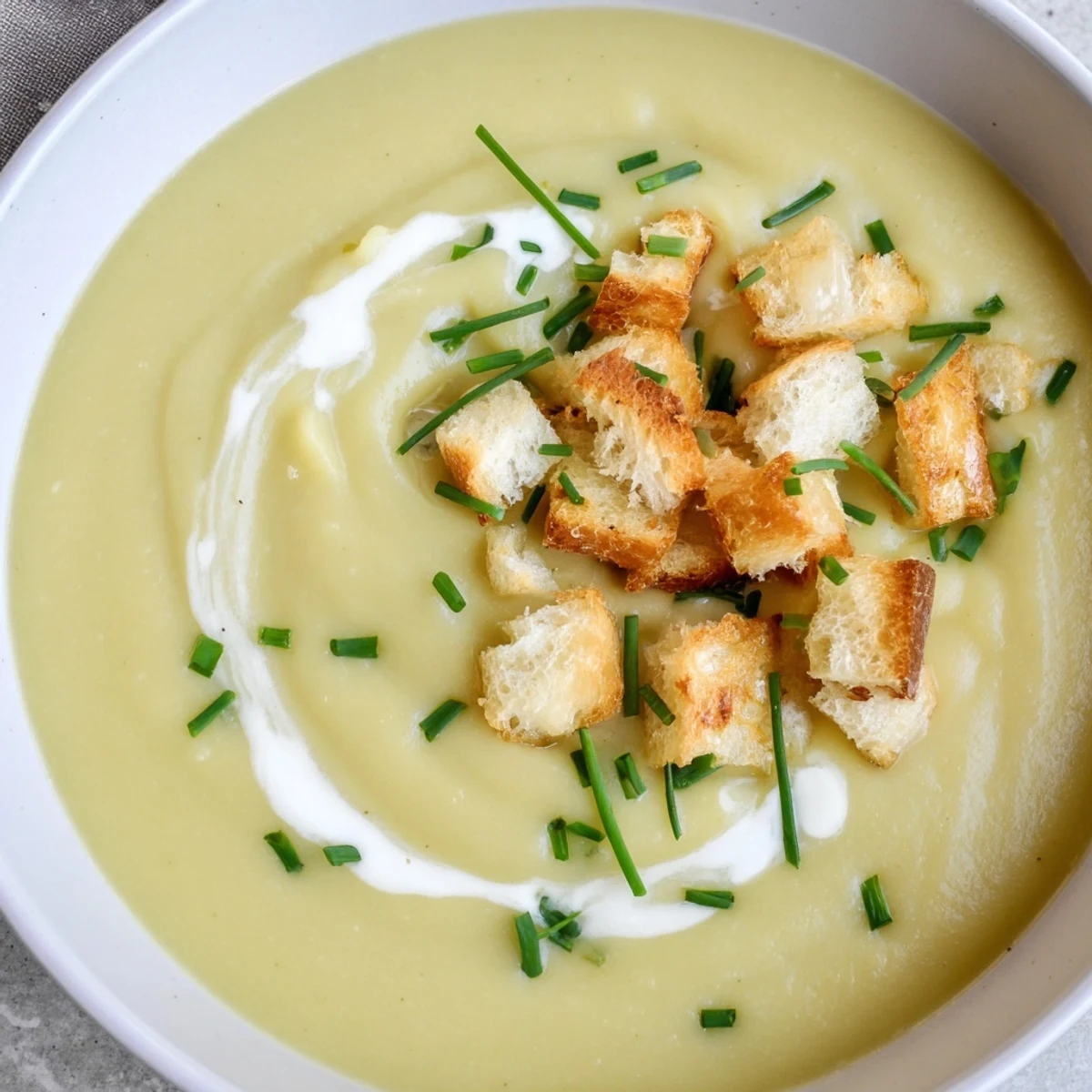 A bowl of Creamy Potato Leek Soup with Garlic Croutons garnished with fresh chives.