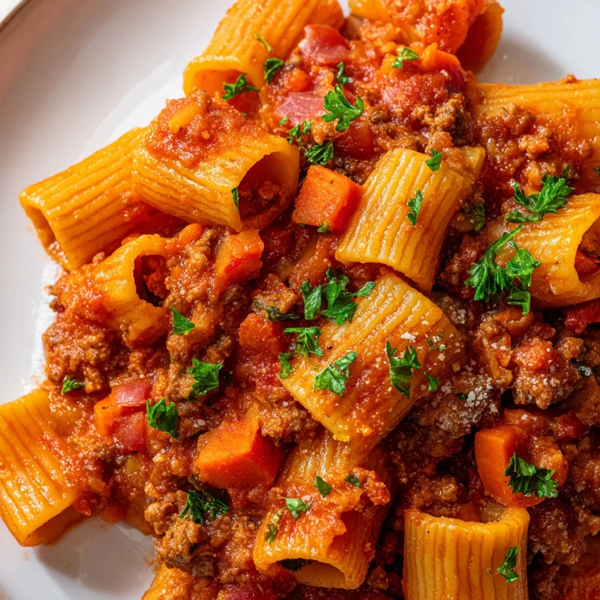 Rich Slow Cooker Ragu Sauce simmers in a slow cooker, surrounded by chopped carrots, celery, garlic, and tomato paste on a rustic kitchen counter.