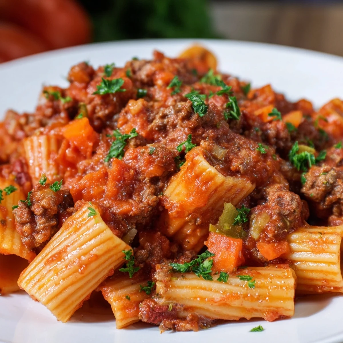 A hearty Slow Cooker Ragu Sauce coats wide pappardelle noodles, garnished with fresh parsley and ready to serve from a white pasta bowl.