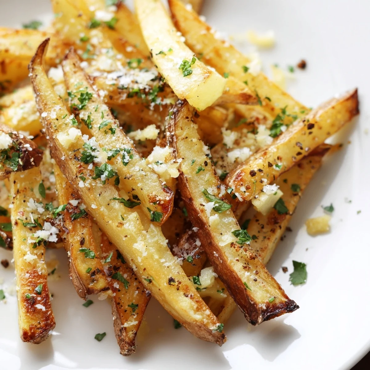 A close-up of crispy Roasted Fries with Garlic, showcasing fluffy centers and seasoned edges on a rustic tray.