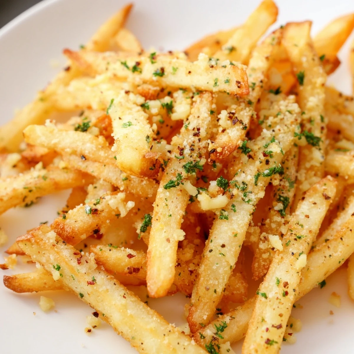Golden-brown Roasted Fries with Garlic spread on a parchment-lined baking sheet, garnished with fresh parsley and Parmesan.