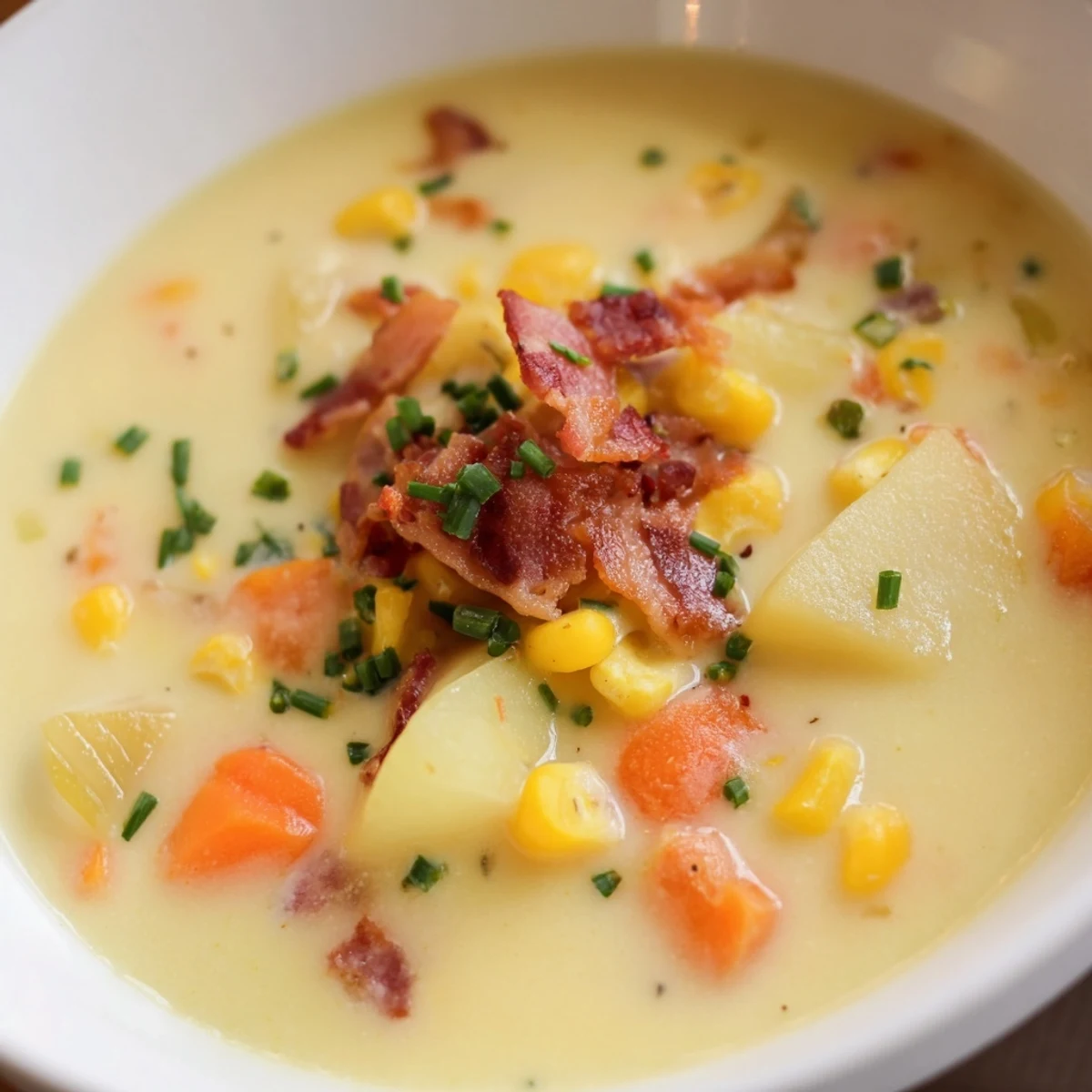 A bowl of Creamy Corn Chowder with tender potato chunks, sweet golden corn, and a swirl of heavy cream garnished with parsley.