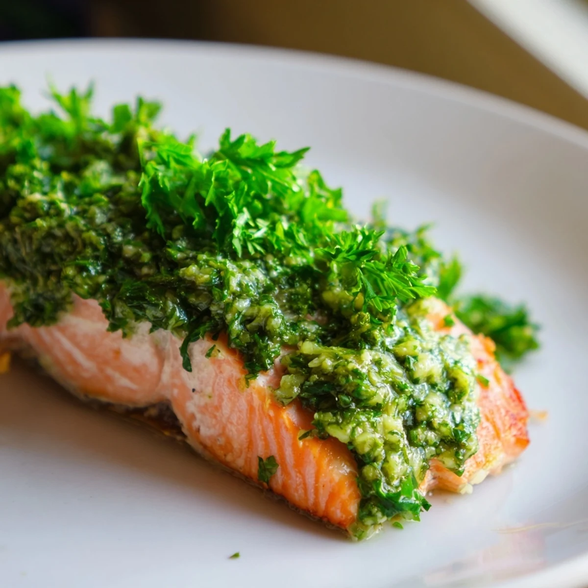 Golden-brown baked salmon fillets fresh from the oven, generously topped with a bright green homemade salsa verde.