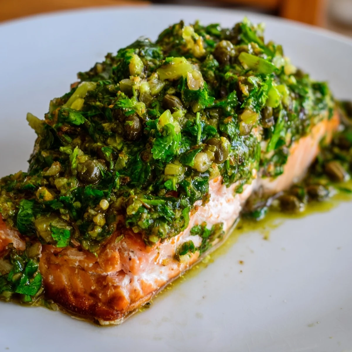 Close-up of juicy baked salmon with a vibrant salsa verde garnish, perfect for a healthy Mediterranean-style dinner.
