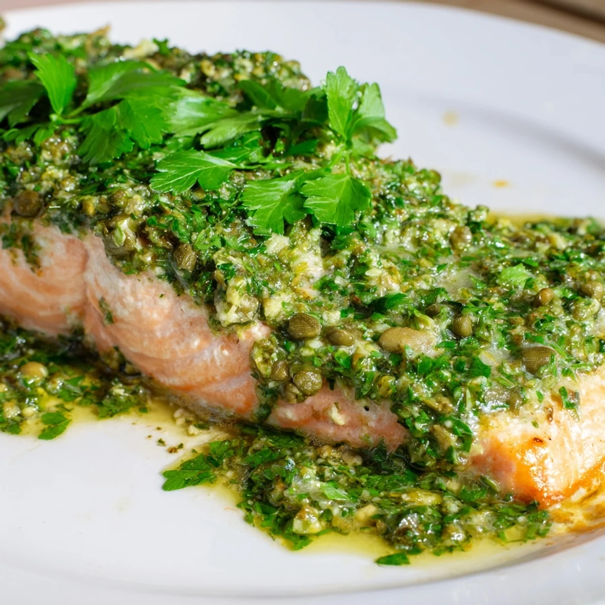 Flaky, oven-roasted salmon adorned with zesty salsa verde and served alongside fresh lemon wedges on a plate.