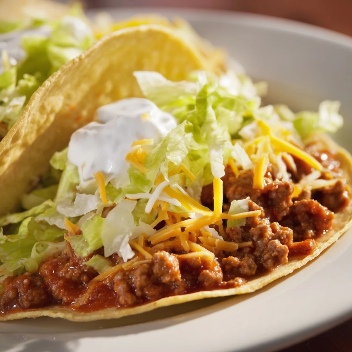 Warm corn tortillas filled with seasoned ground beef, topped with cheese, lettuce, and fresh pico de gallo.