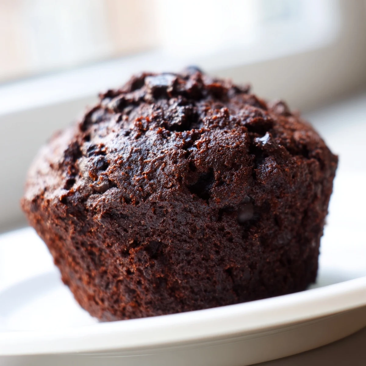 A close-up view of warm Chocolate Muffin tops reveals moist, tender centers and rich cocoa texture.