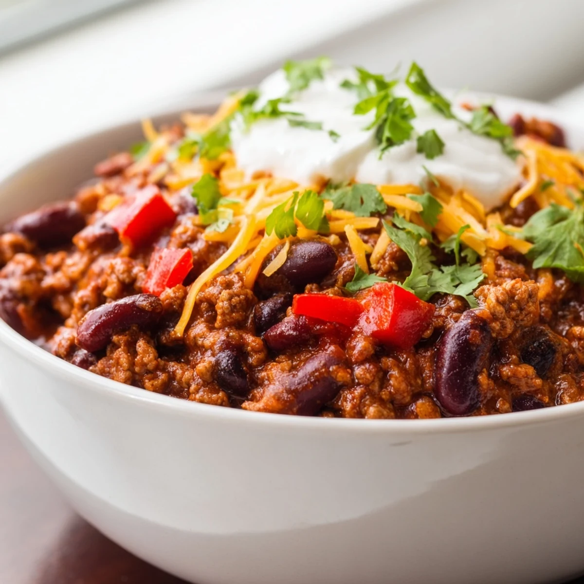 Steaming turkey chili bowl with beans and spices next to lime wedges and cornbread.