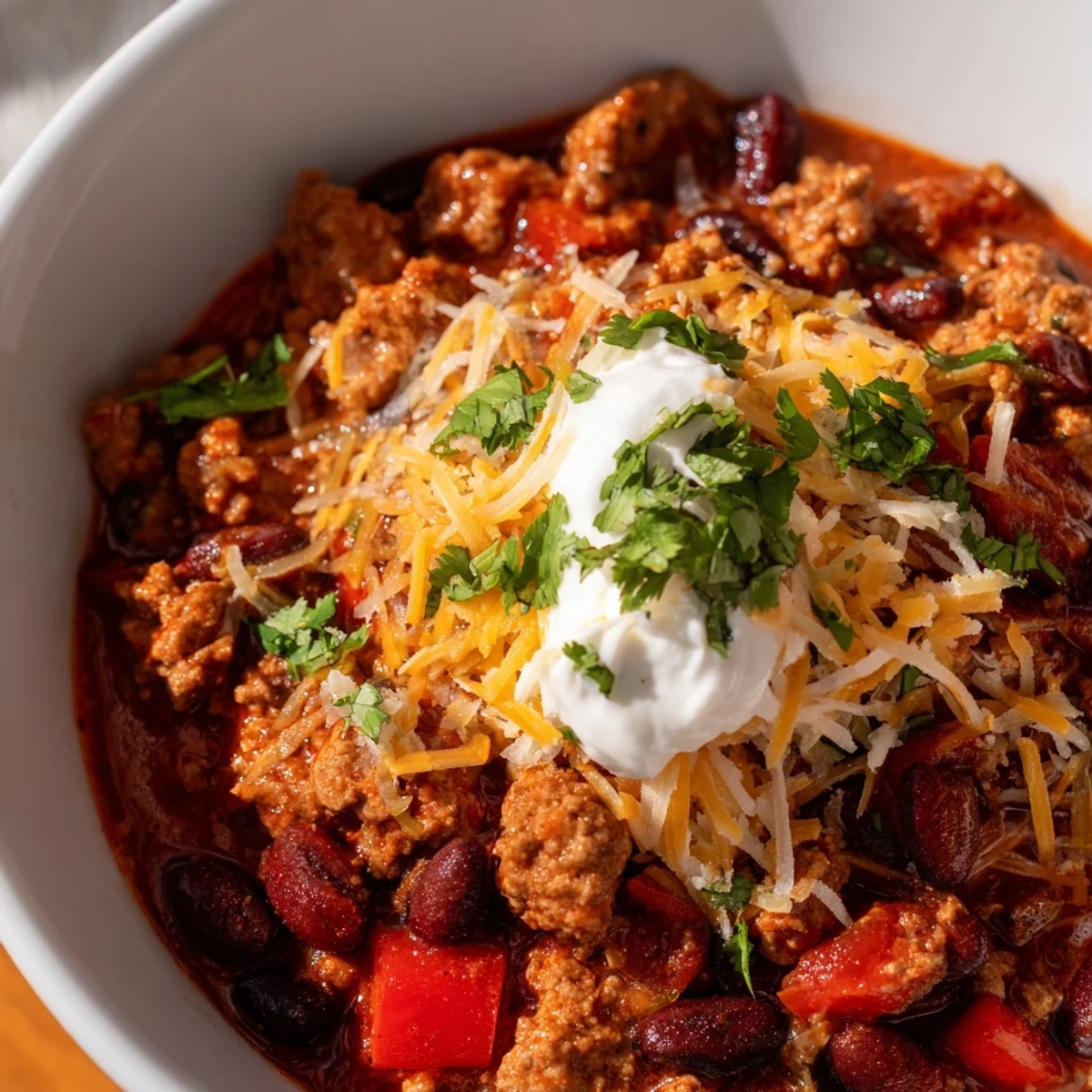 Hearty turkey chili bowl topped with sour cream, cheese, and cilantro in a rustic bowl.