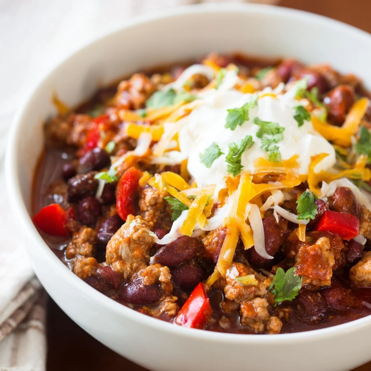 Spoon lifting a serving of turkey chili bowl from a pot garnished with green onions.