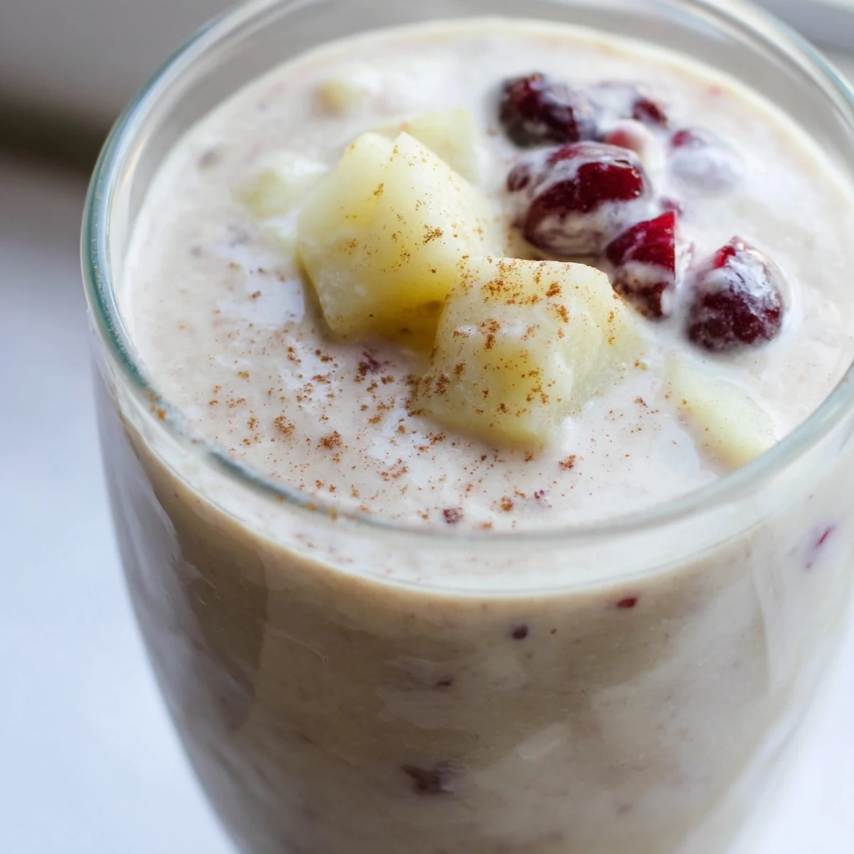 Two glasses of Winter Smoothie Blend beside sliced pear and apple, ideal for a healthy breakfast or snack.