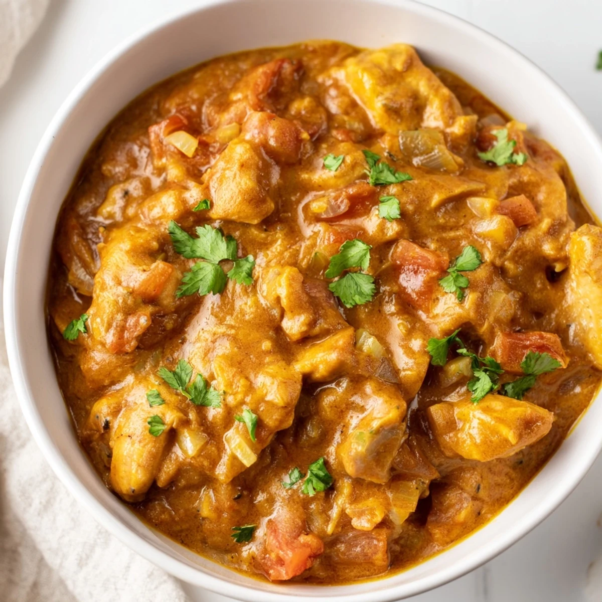 A serving of Spicy Curry Chicken over fluffy basmati rice, garnished with fresh cilantro and lime.