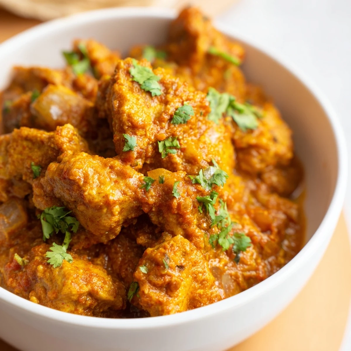 A close-up of golden-brown chicken pieces coated in a vibrant, spicy curry sauce in a skillet.