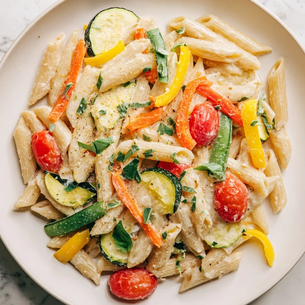 Creamy Pasta Primavera is tossed in a luscious, cheesy white sauce with al dente penne.