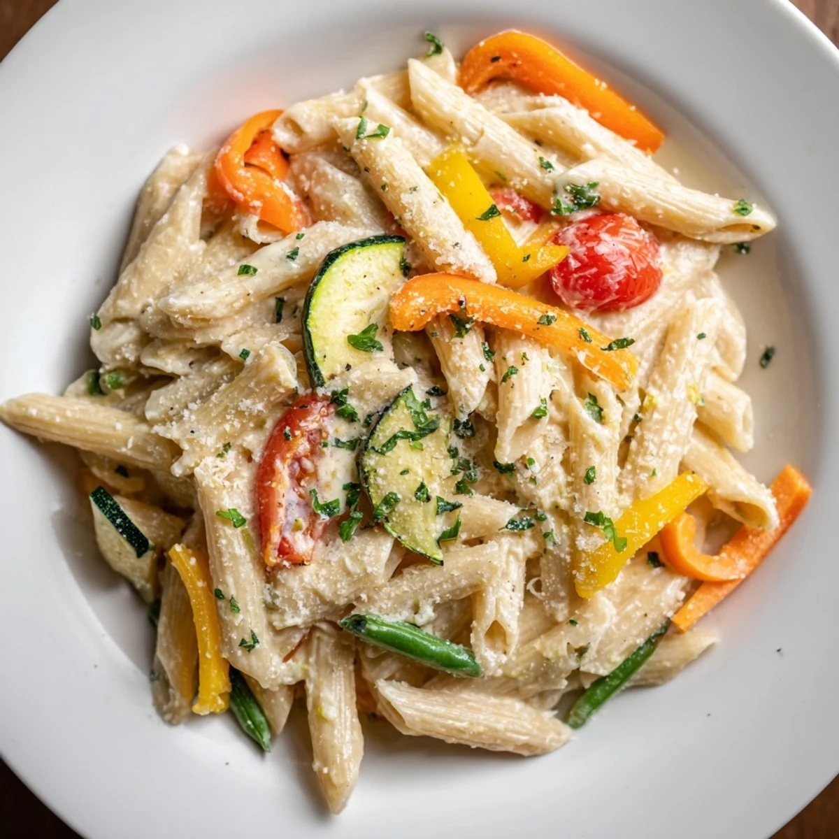Vibrant zucchini, bell peppers, and snap peas create a colorful, saucy pasta masterpiece.