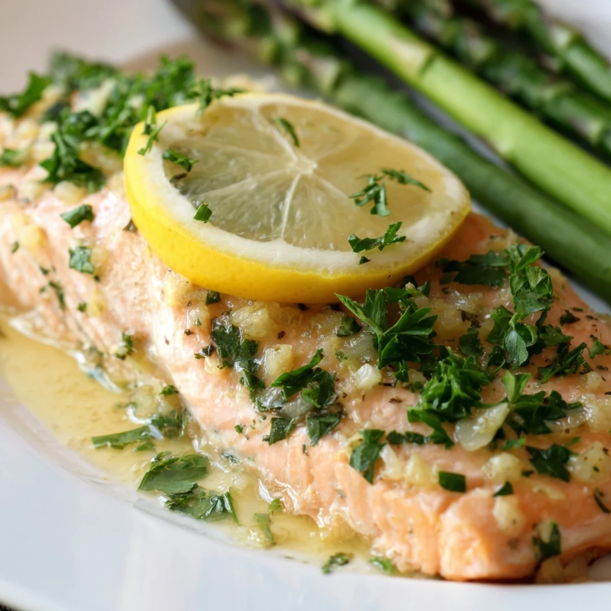 Freshly baked Lemon Garlic Butter Salmon with Asparagus Spears on a baking sheet, coated in a buttery garlic sauce and garnished with parsley.