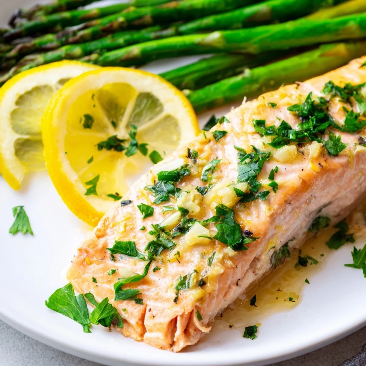 Close up of Lemon Garlic Butter Salmon with Asparagus Spears fillets and asparagus, drizzled with lemon garlic butter and a squeeze of fresh lemon.
