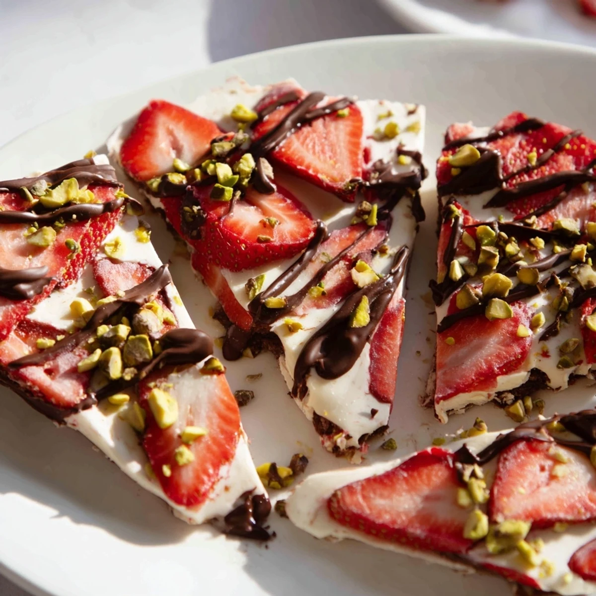 Creamy Greek yogurt and fresh strawberries set on a baking sheet for making Chocolate Covered Strawberry Yogurt Bark.