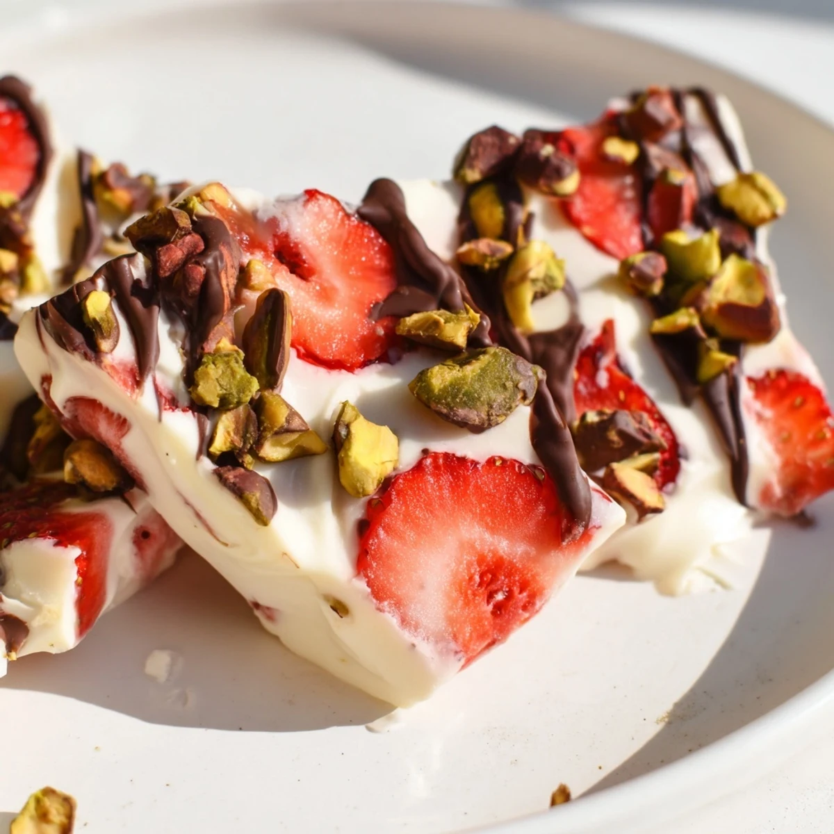 Finished Chocolate Covered Strawberry Yogurt Bark pieces are broken and served on a plate, garnished with pistachios.