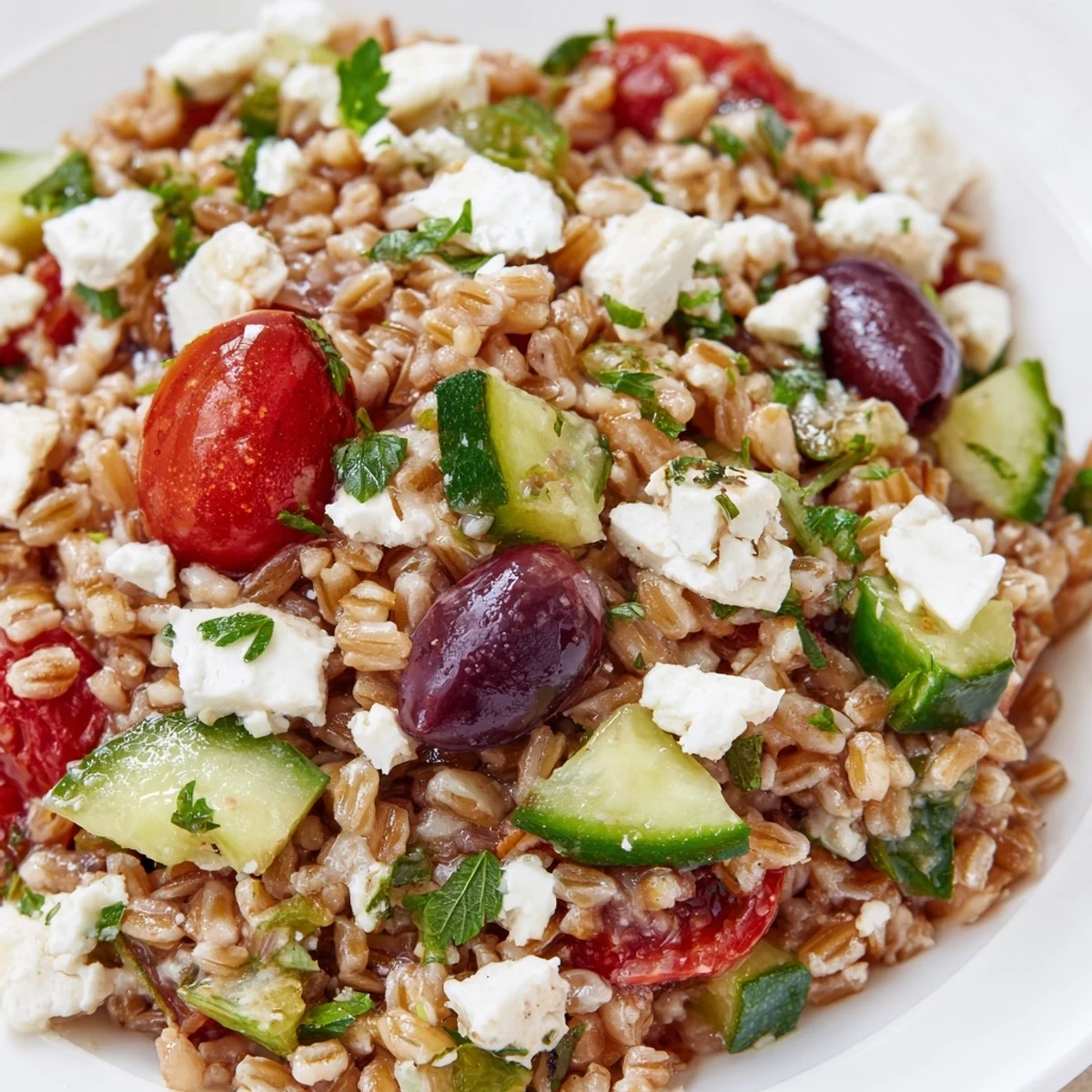 Vibrant Mediterranean Farro Salad with cucumber, tomatoes, feta, and fresh herbs in a lemon-olive oil dressing.