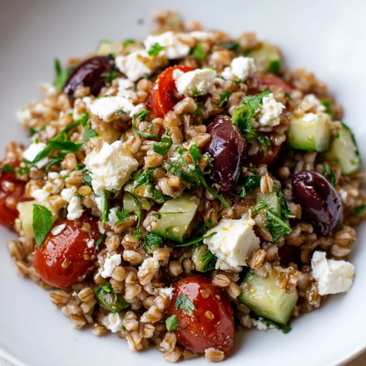 Colorful bowl of Mediterranean Farro Salad topped with crumbled feta and Kalamata olives, ready to serve.