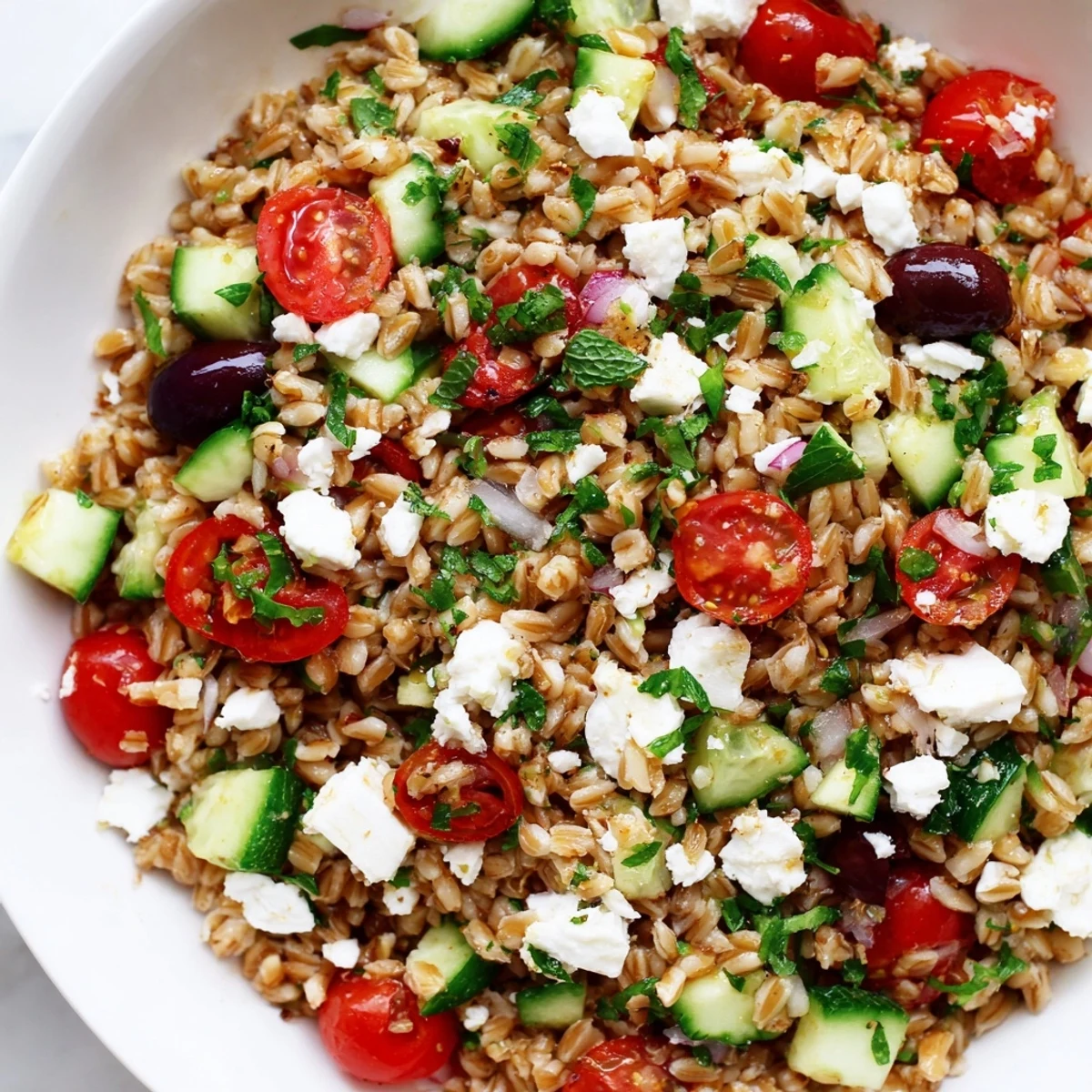 Healthy Mediterranean Farro Salad with cucumber, tomatoes, and feta, perfect for a refreshing light lunch.