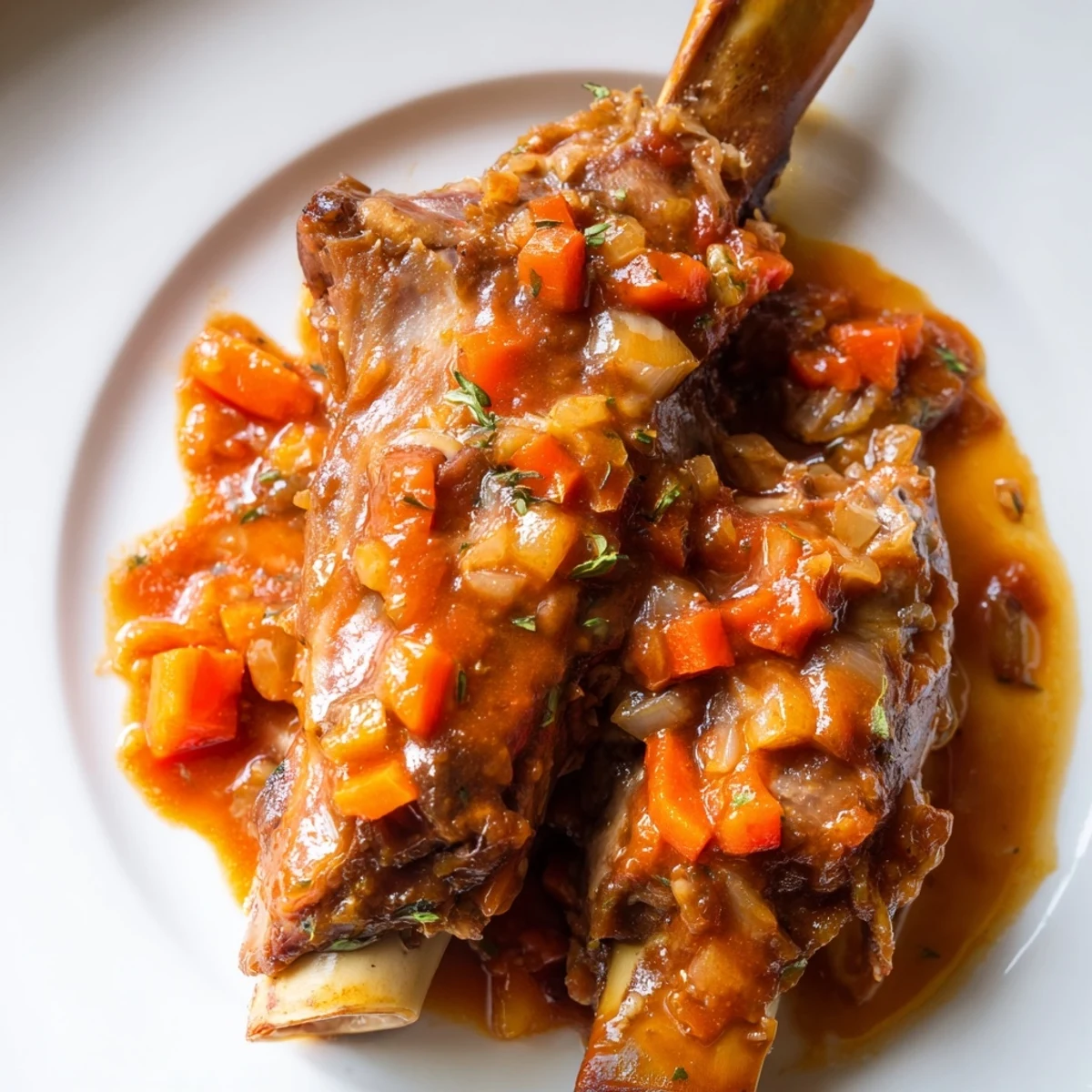 Slow Cooked Lamb Shanks in Tomato Herb Sauce served over creamy mashed potatoes with fresh parsley garnish.