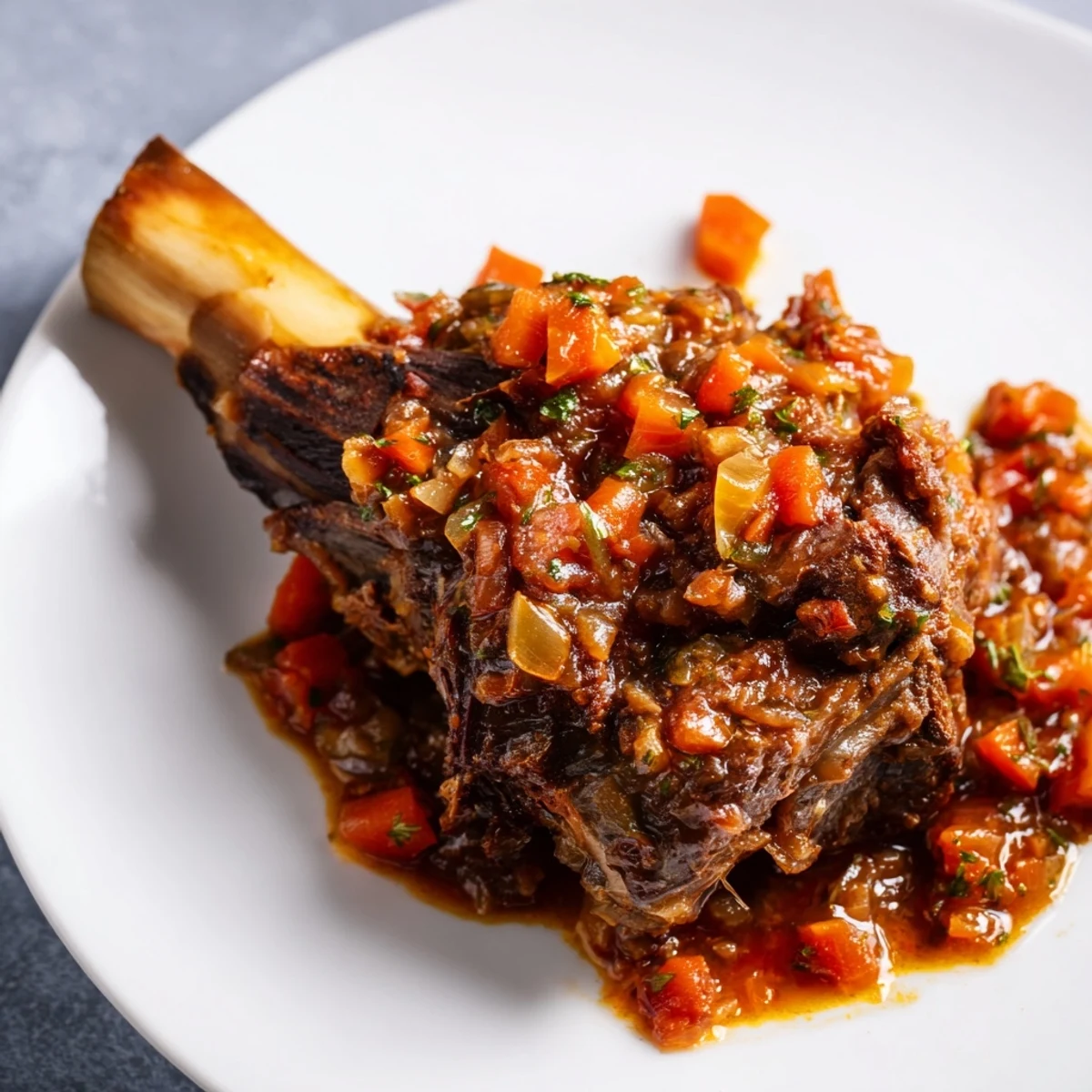 Golden brown lamb shanks braised in a rich tomato herb sauce, simmered slowly until the meat is fork-tender.