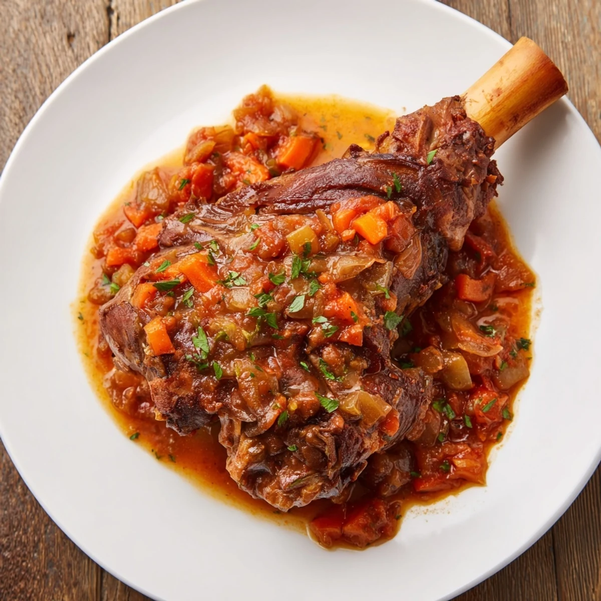 Succulent Slow Cooked Lamb Shanks in Tomato Herb Sauce with a deep, savory sauce and rustic bread for dipping.